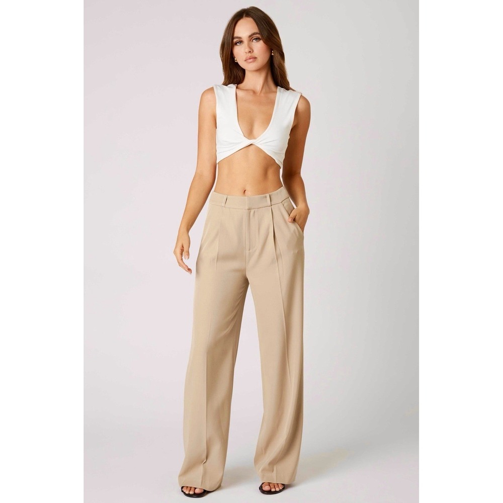 Cotton Candy LA Mid Rise Trouser Pants Sz XS Beige Slit Hem Wide Leg Pockets NEW